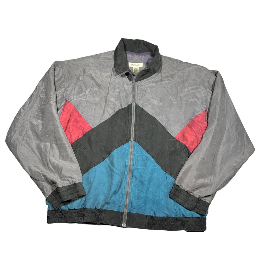 Bogari Vintage 90s 100% Silk Colorblock Windbreaker Bomber Jacket XL Grey Red